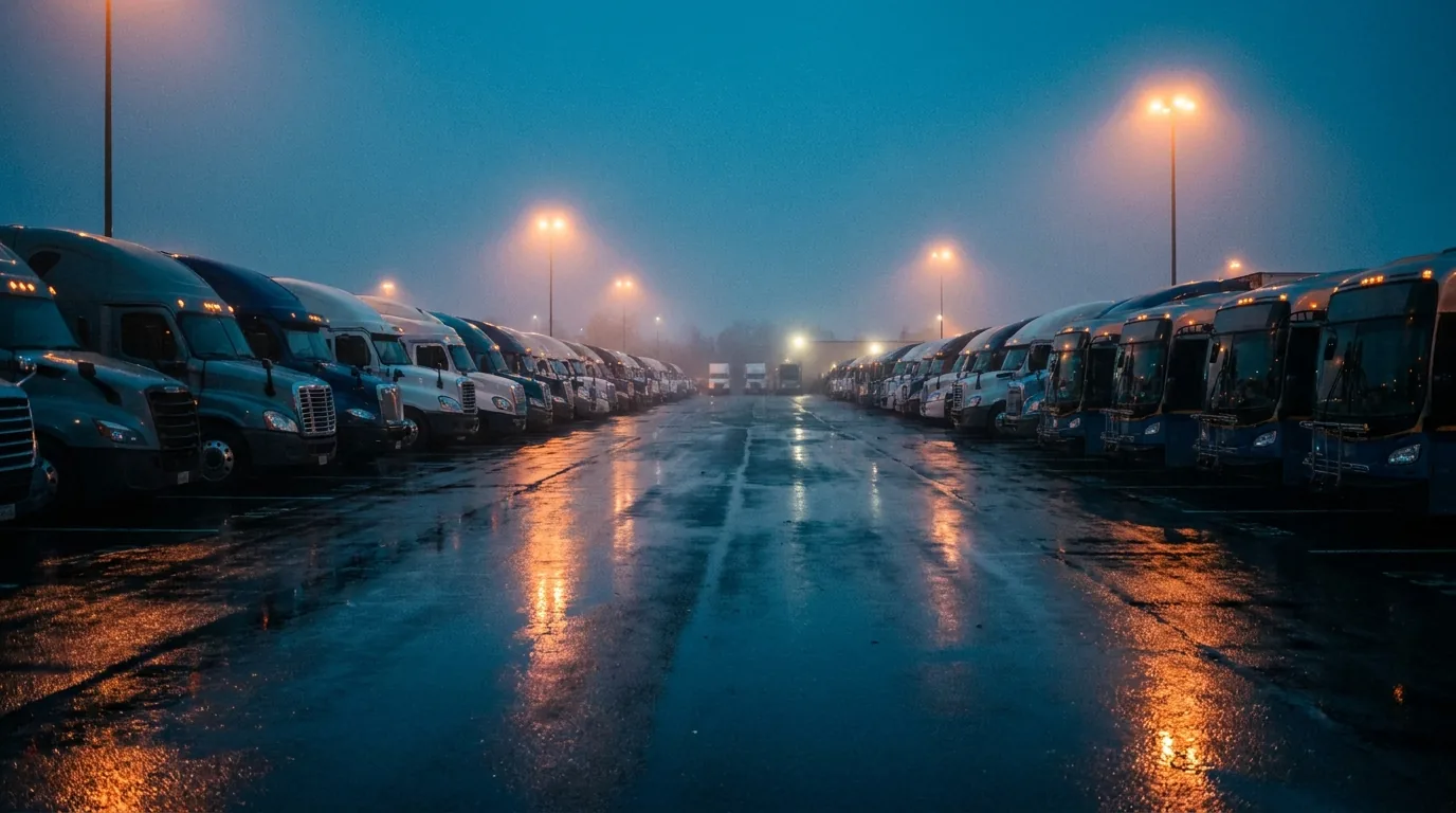 Fleet of trucks and transit buses at a maintenance depot