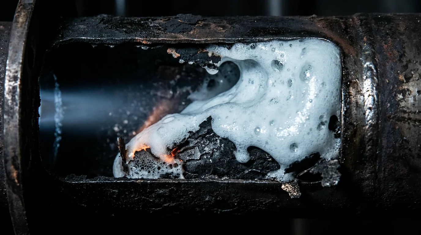 Expanding foam travelling through a soot-loaded pipe