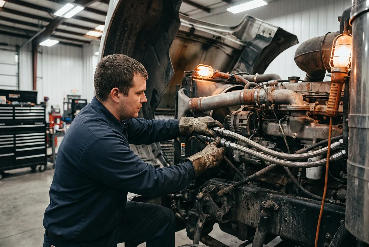 Technician connecting Diesel Pro USA adapters to a truck engine